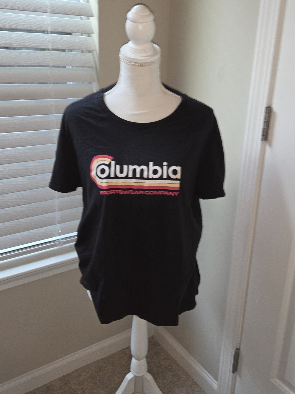 Columbia Black Tee with Red and Yellow Retro Stripes